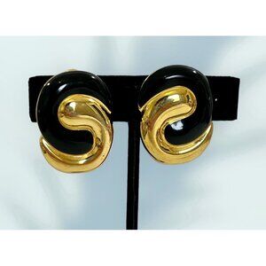 MONET Black Enamel Gold Plated Earrings Huge Runway Clip-on 1980s